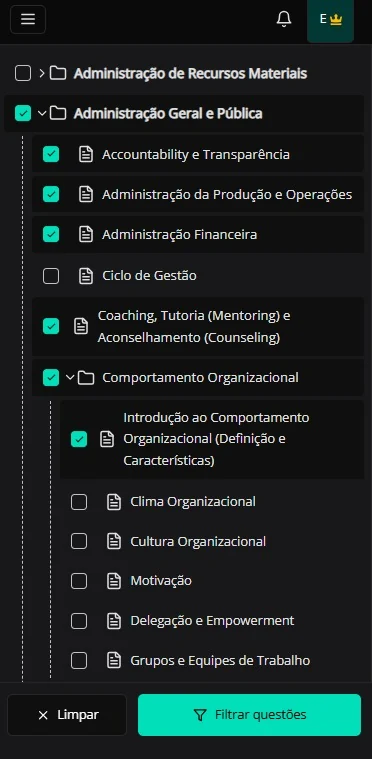 Filtro de questões por matéria e assunto